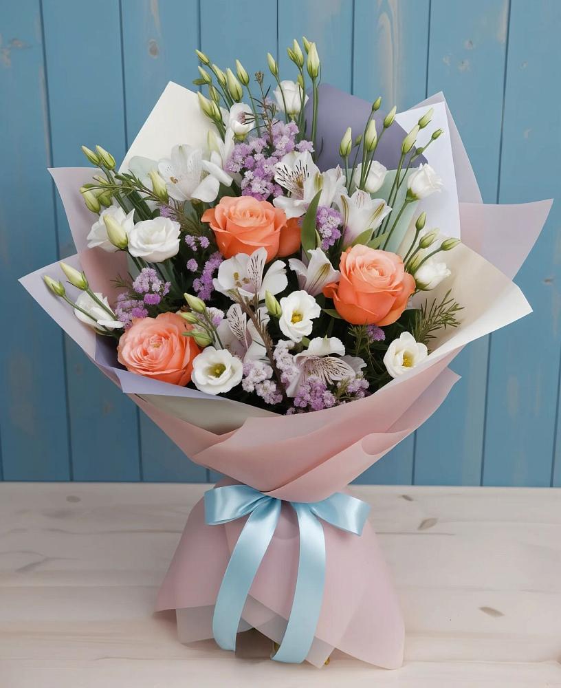 Букет цветов из: Лизиантусы, Розы, Альстромерии и Гипсофила в Красном Холме Тверской области